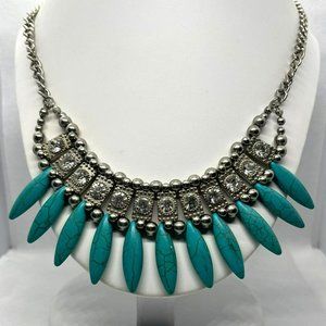 Southwest Faux Turquoise Rhinestone Silver Tone‎ Collar Bib Women's Necklce
